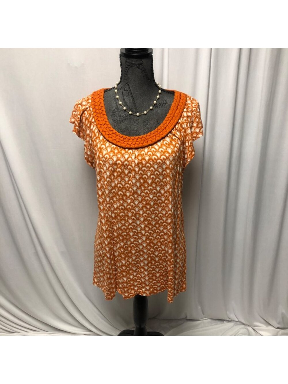 Apt 9 Top Womens Size Large Orange White Cap Sleeve Braided Neckline Blouse